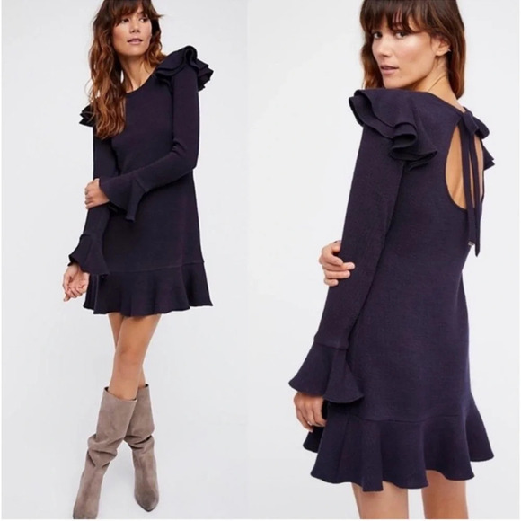 Free People Dresses & Skirts - Saylor x Free People Blue Chase Knit Mini Ruffle Sweater Dress Size x-Small